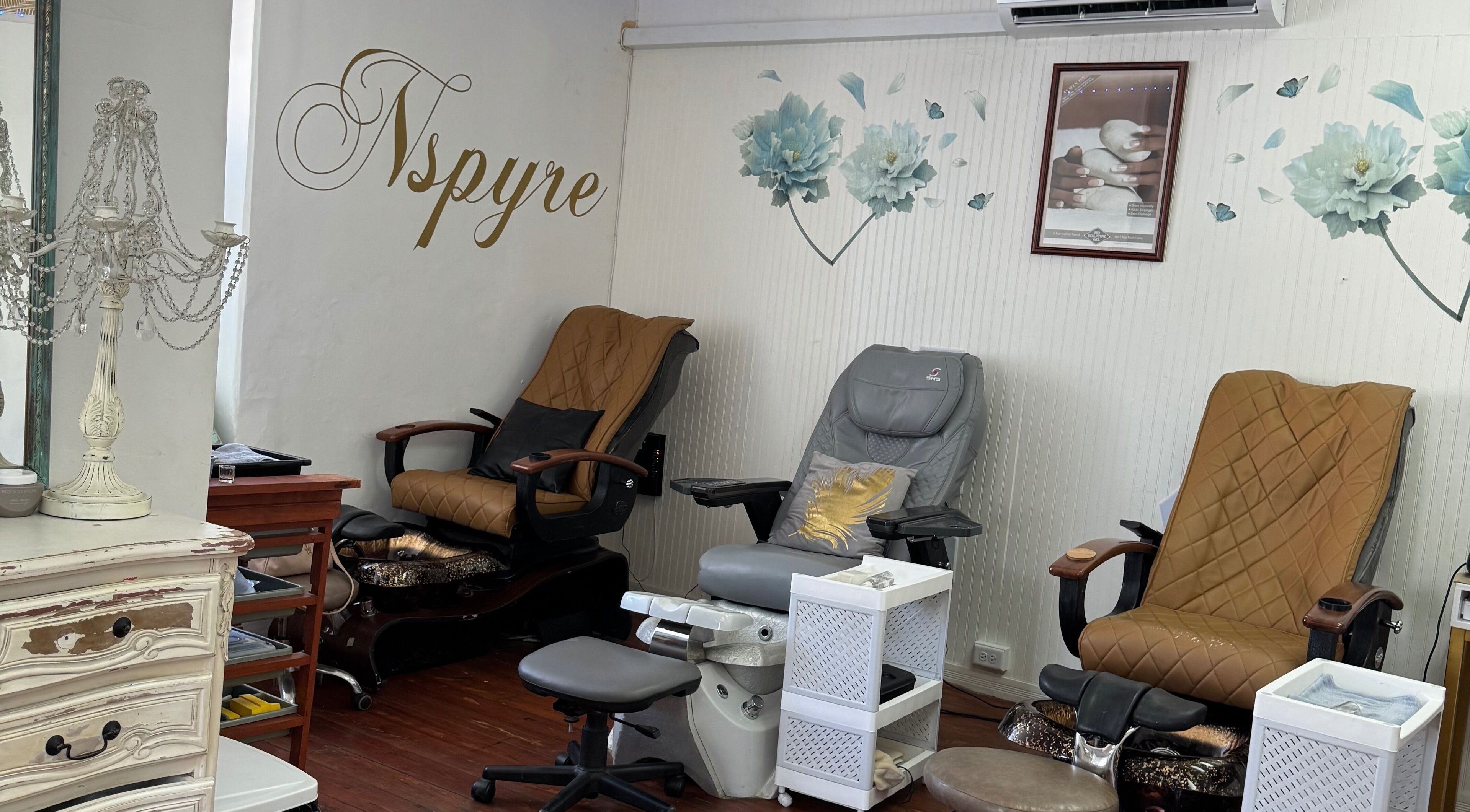 Relaxing pedicure chairs at Nspyre Beauty in Bridgetown, Christ Church, BB, offering a luxurious escape.