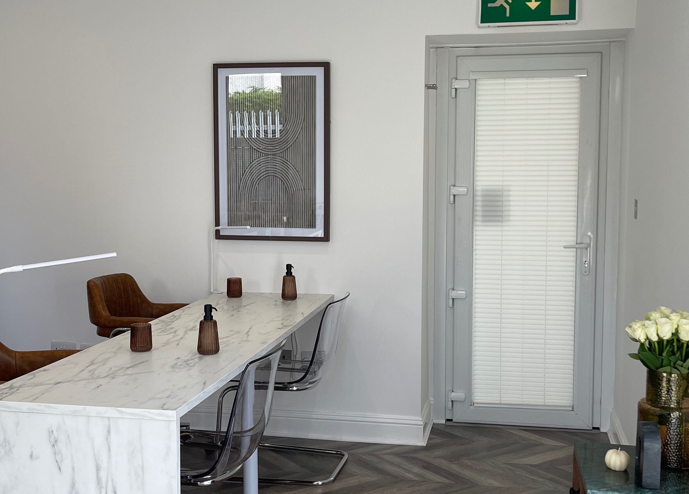 Chic manicure station at Spice and Paint Salon in Bathgate, Scotland, GB with modern decor.