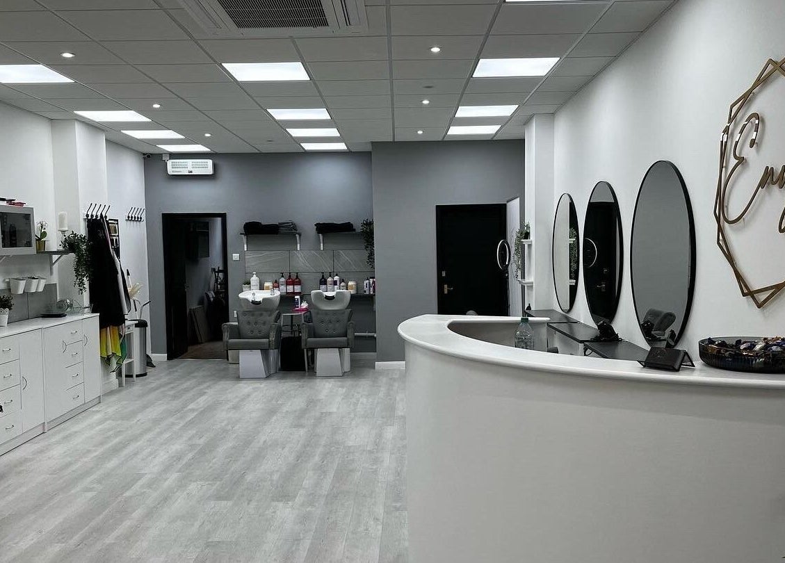 Stylish and modern interior of Envy Hair & Extensions in Eastbourne, England, GB, featuring elegant decor.
