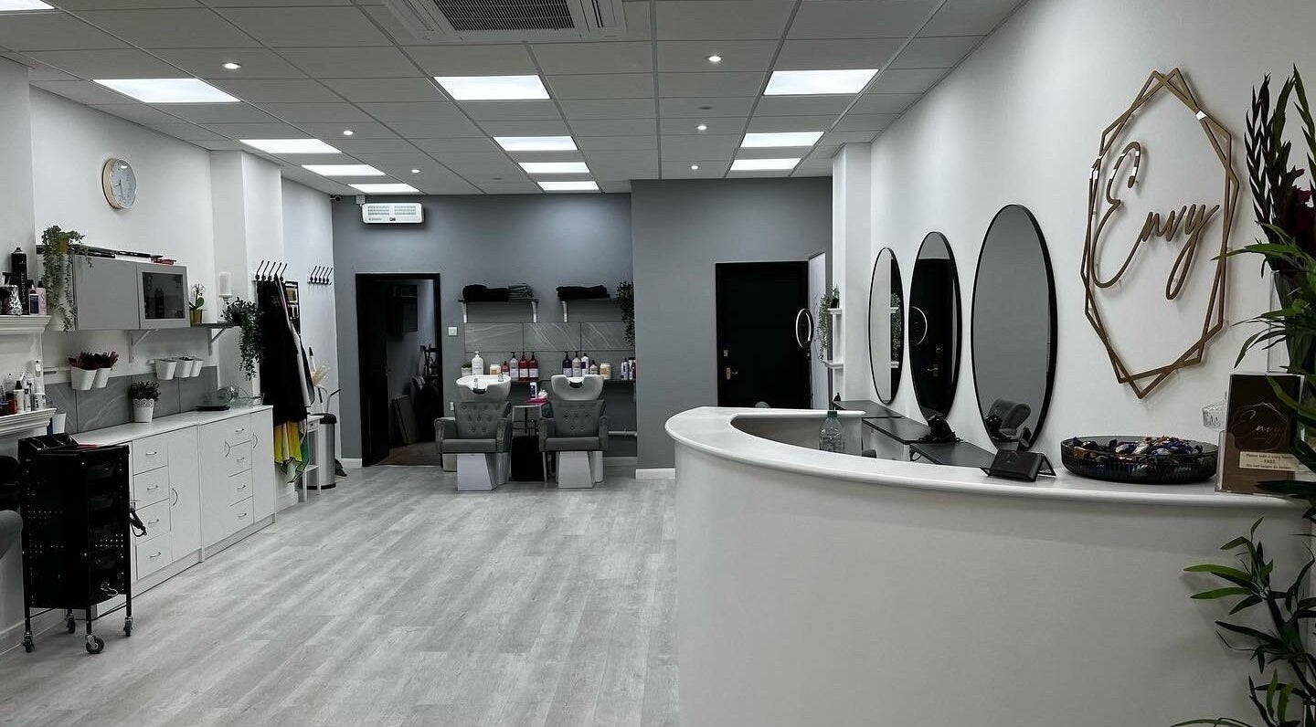 Stylish and modern interior of Envy Hair & Extensions in Eastbourne, England, GB, featuring elegant decor.
