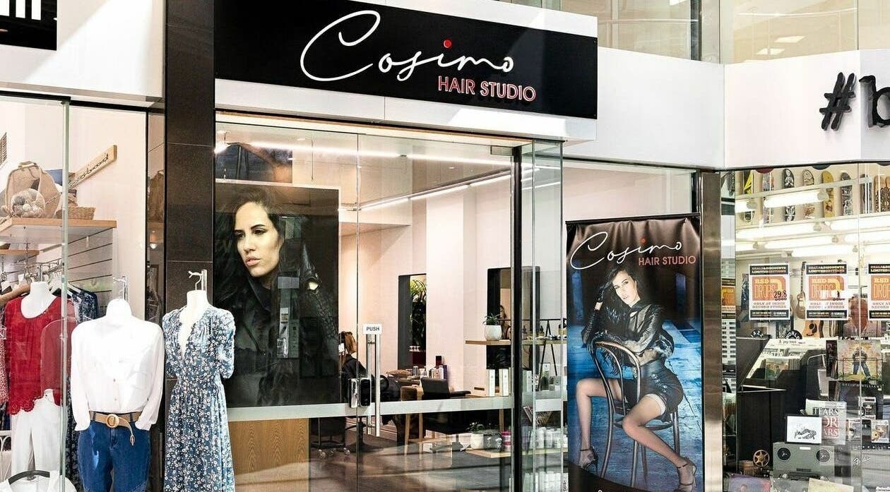 Cosimo Hair Studio entrance at Broadbeach, Queensland, AU, showcasing modern and stylish salon façade.