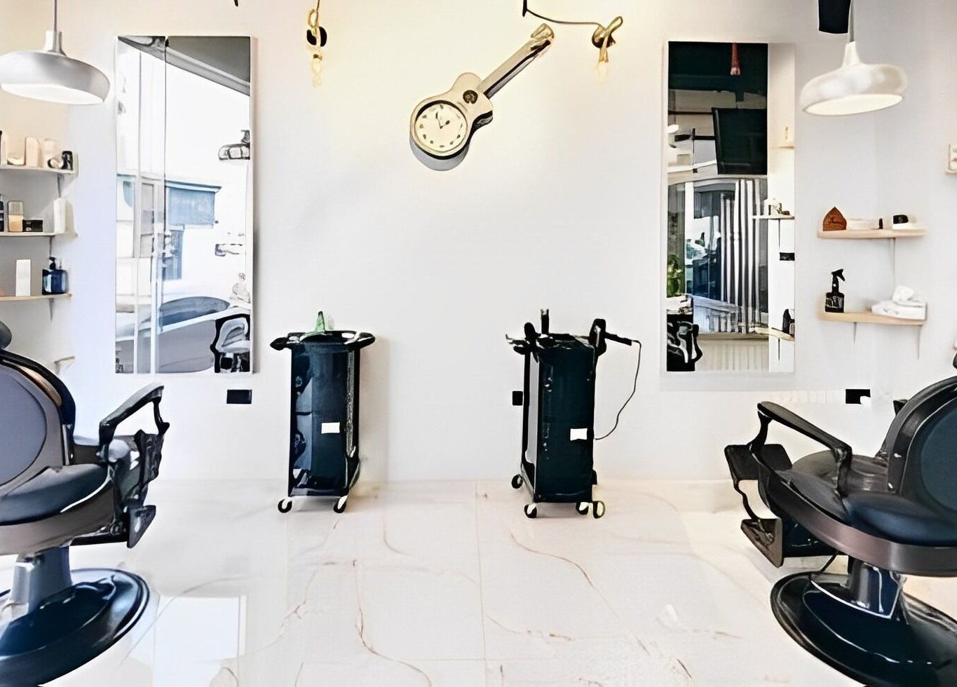 Interior of Blade & Beard Men Salon in Dubai, AE with stylish chairs and modern decor.
