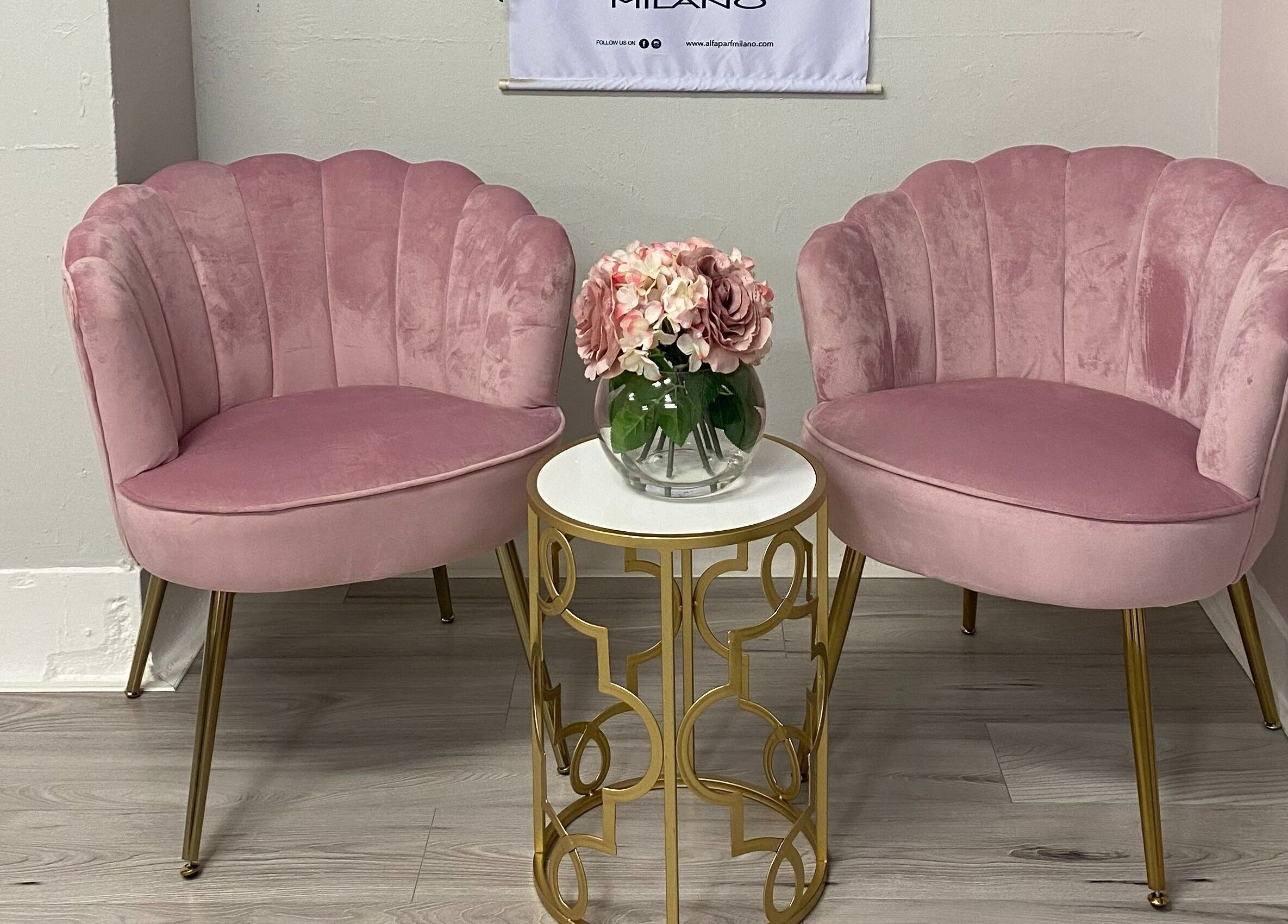 Luxurious pink chairs at Everleigh Hair Design, Dublin, County Dublin, IE, offering a chic, relaxed ambiance.
