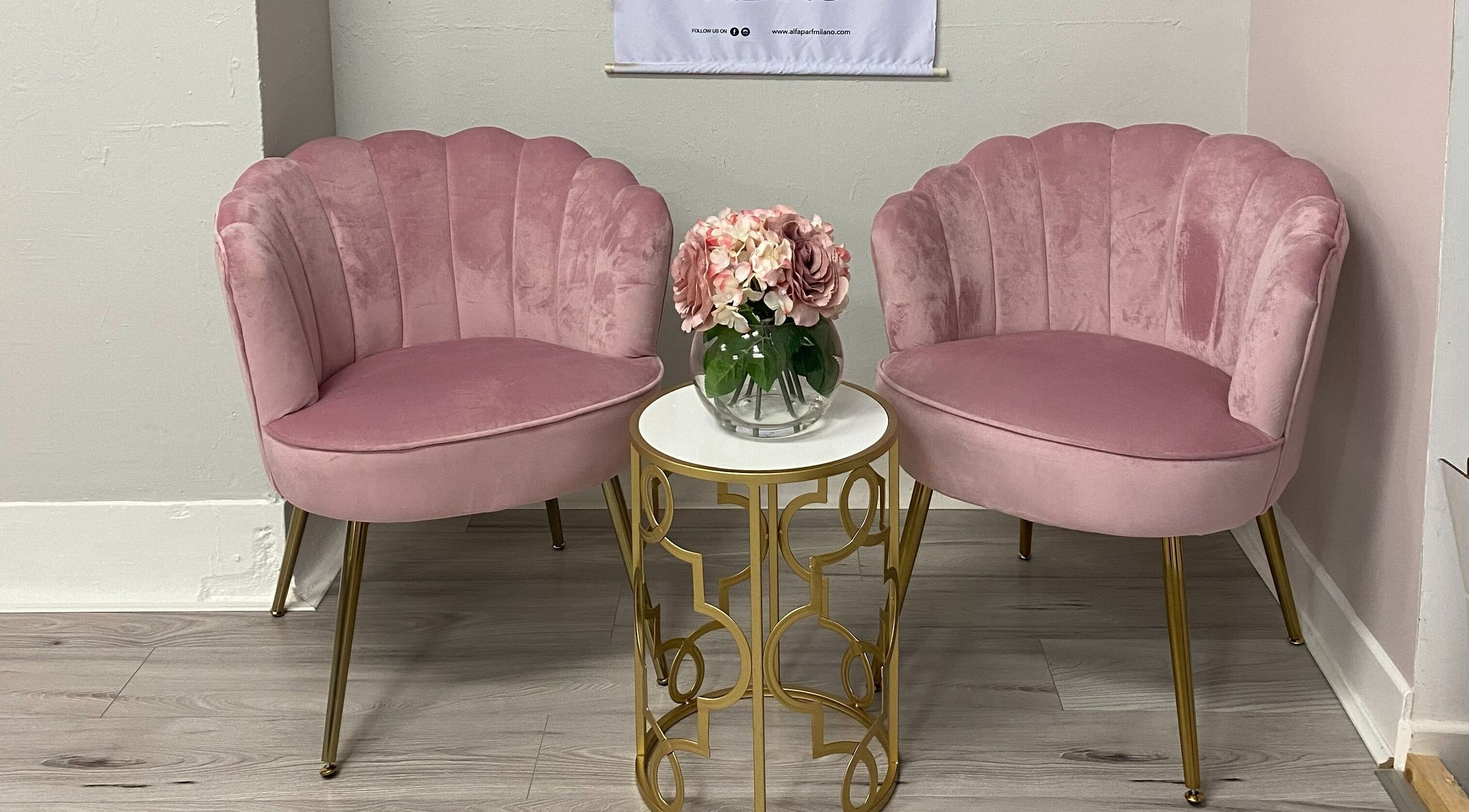 Luxurious pink chairs at Everleigh Hair Design, Dublin, County Dublin, IE, offering a chic, relaxed ambiance.