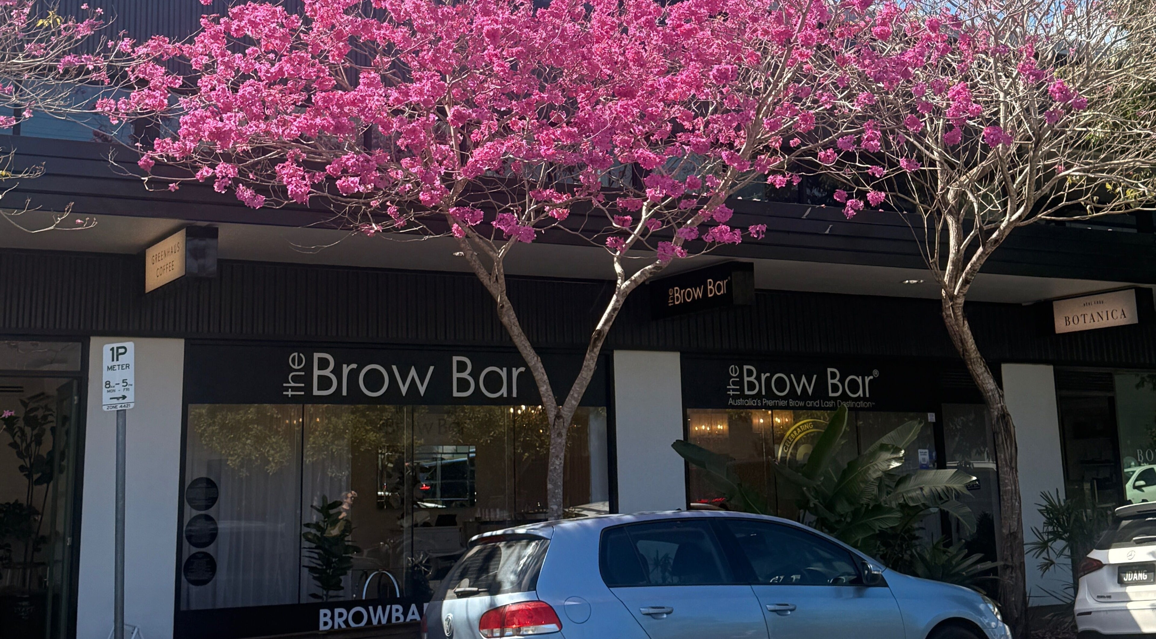The Brow Bar Newstead in Queensland, AU, framed by vibrant pink blooms and modern exterior.