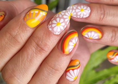 Vibrant daisy nail art at Nails by Chanelle, Westville, KwaZulu-Natal, ZA.