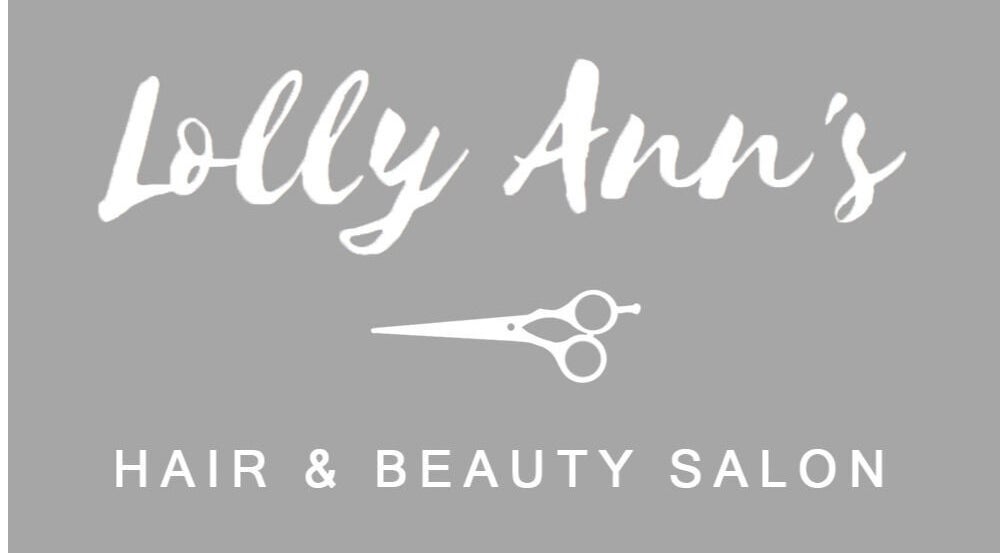 Lolly Ann’s Hair and Beauty Salon logo on gray background, Crawley, England, GB.