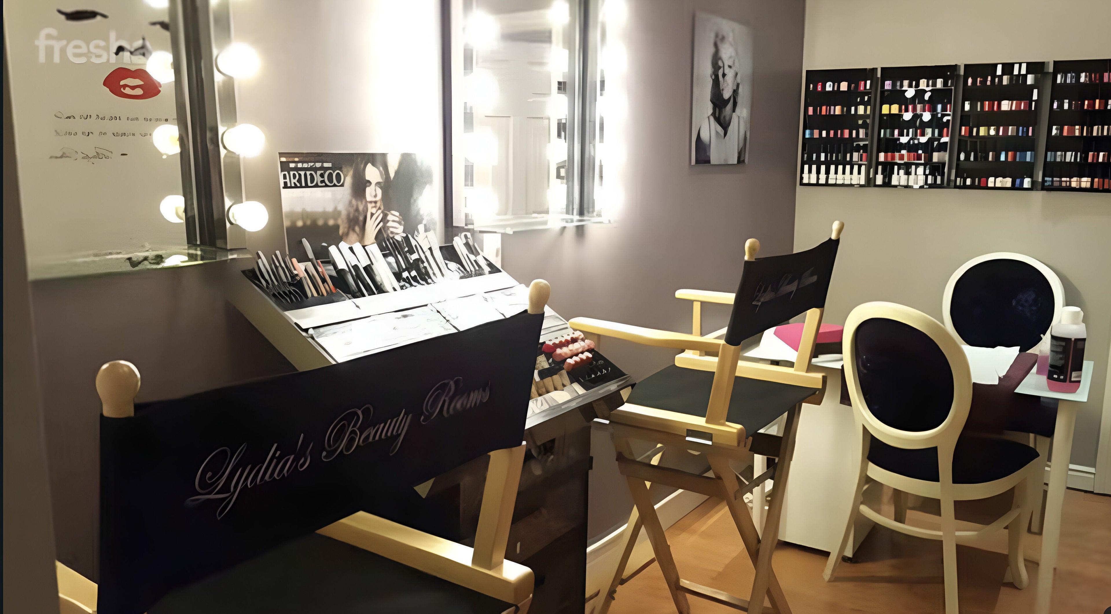 Makeup station at Lydia's Beauty Rooms, Ballymote, County Sligo, IE, showcasing beauty products and chic decor.