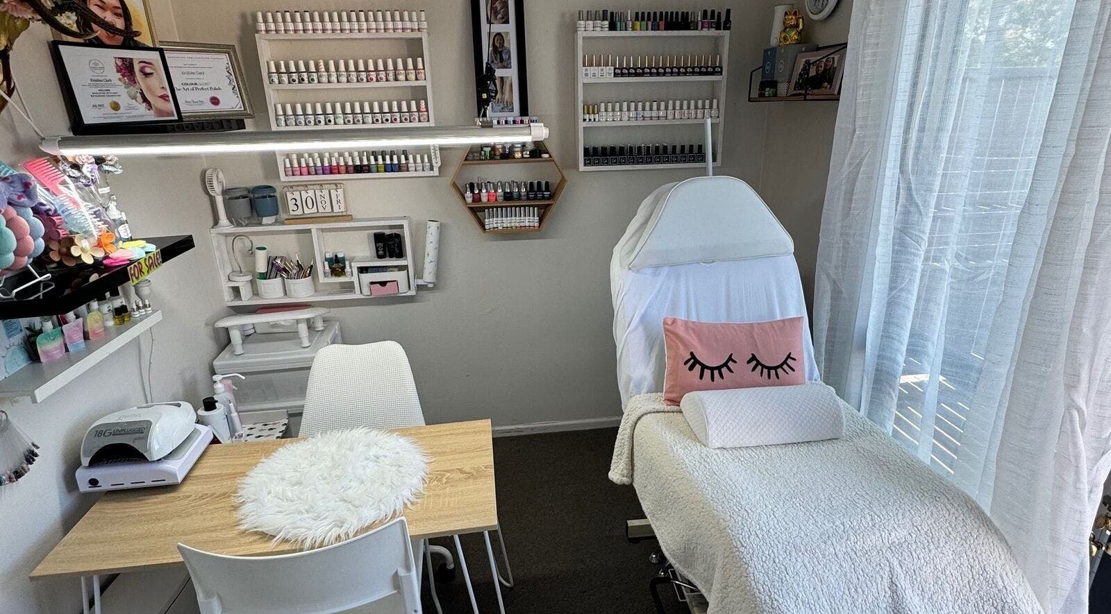 Cozy nail station at Flo Nails and Lashes by KC, Invercargill, Southland, NZ showcasing manicure setup.