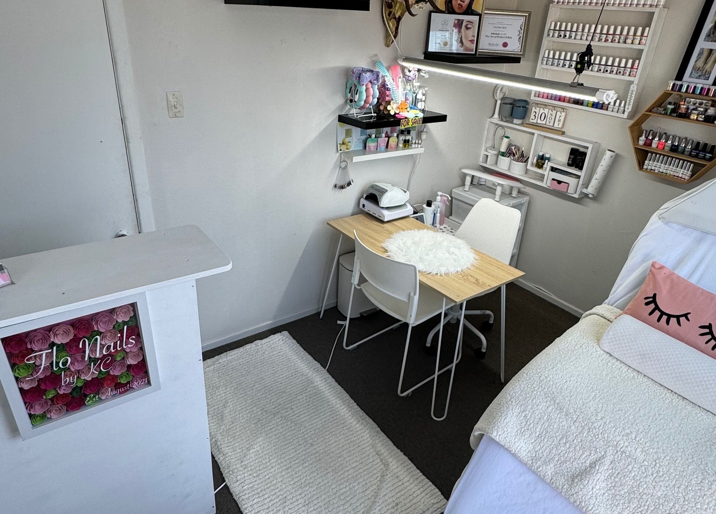 Charming interior of Flo Nails and Lashes by KC, Invercargill, Southland, NZ, showcasing a stylish beauty setup.