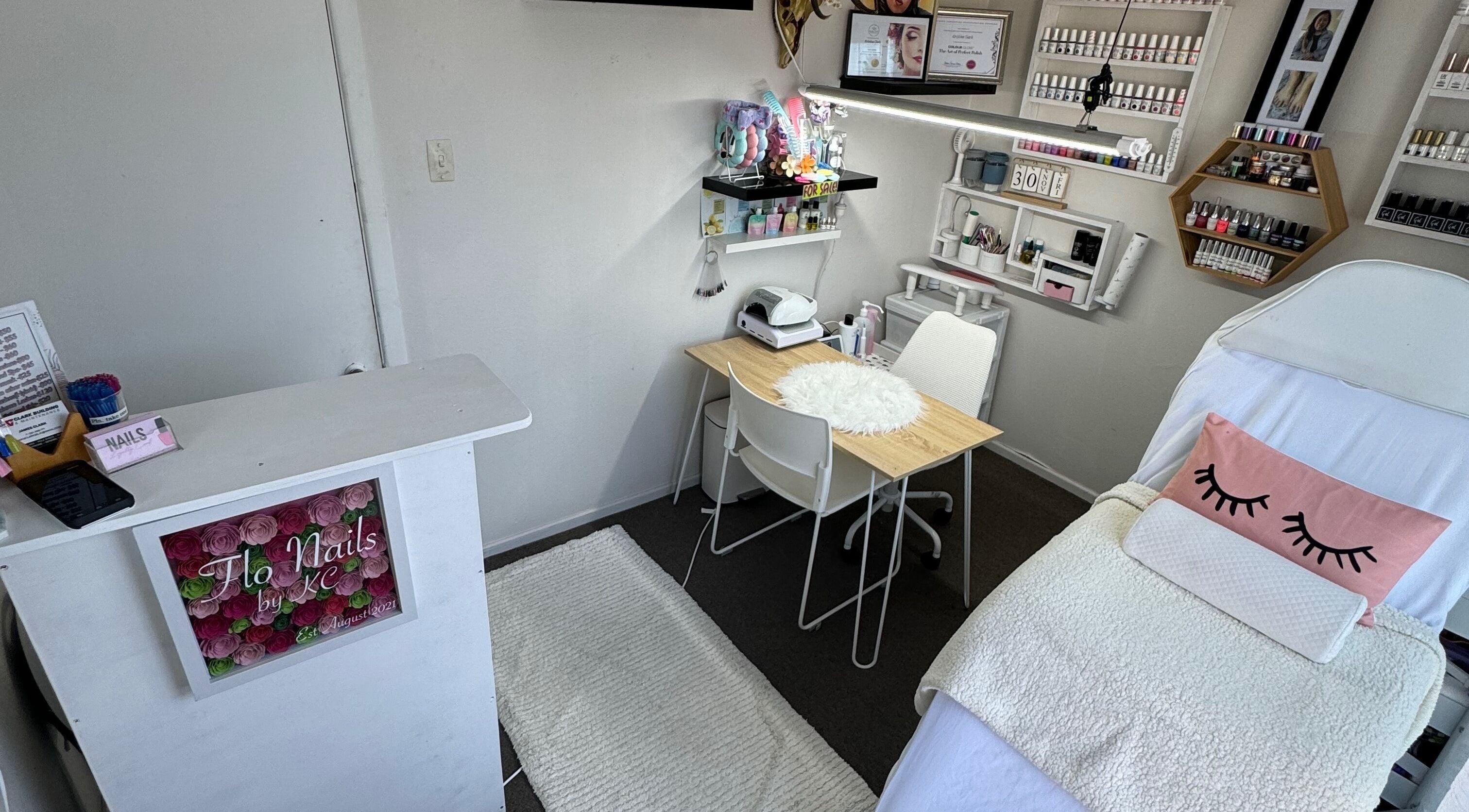 Charming interior of Flo Nails and Lashes by KC, Invercargill, Southland, NZ, showcasing a stylish beauty setup.
