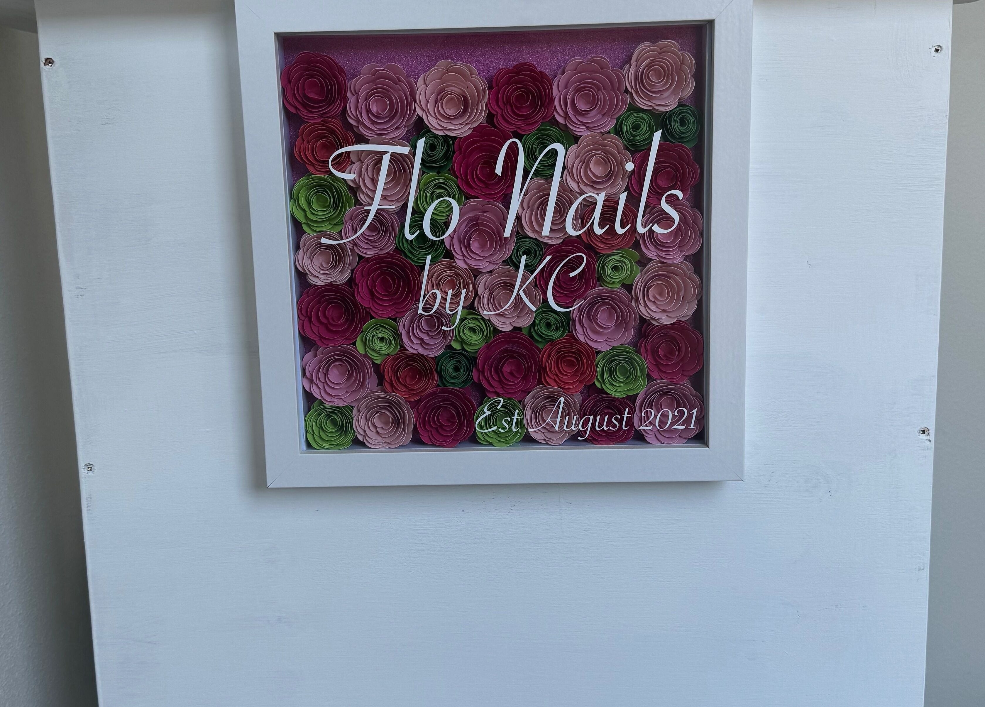 Decorative floral signage at Flo Nails and Lashes by KC, Invercargill, Southland, NZ.