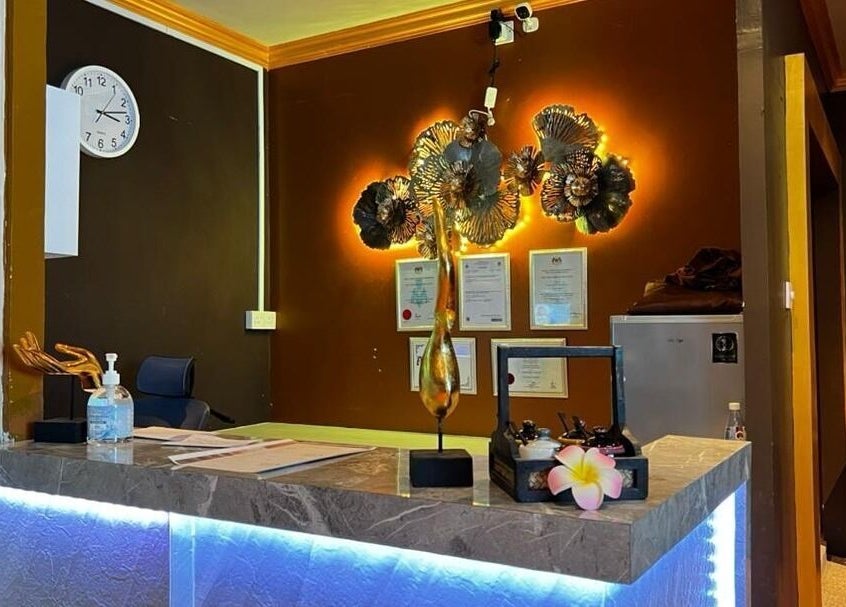 Reception area at Siam Wellness Centre and Beauty Spa, Kota Kinabalu, Sabah, MY. Certificates decorate the wall.