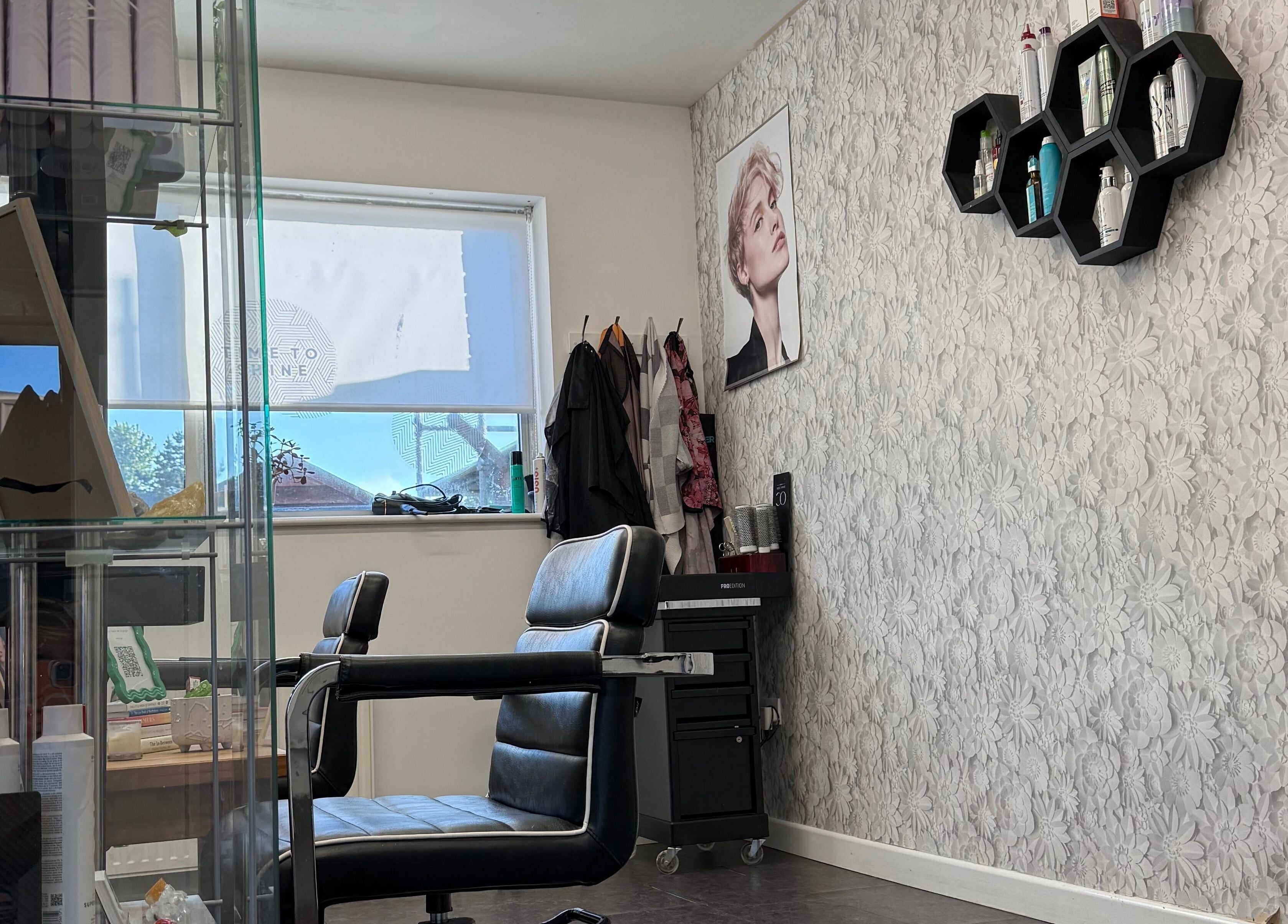 Modern styling chair and decor at Roxanne Hair at Seafield Salon, Inverness, Scotland, GB.