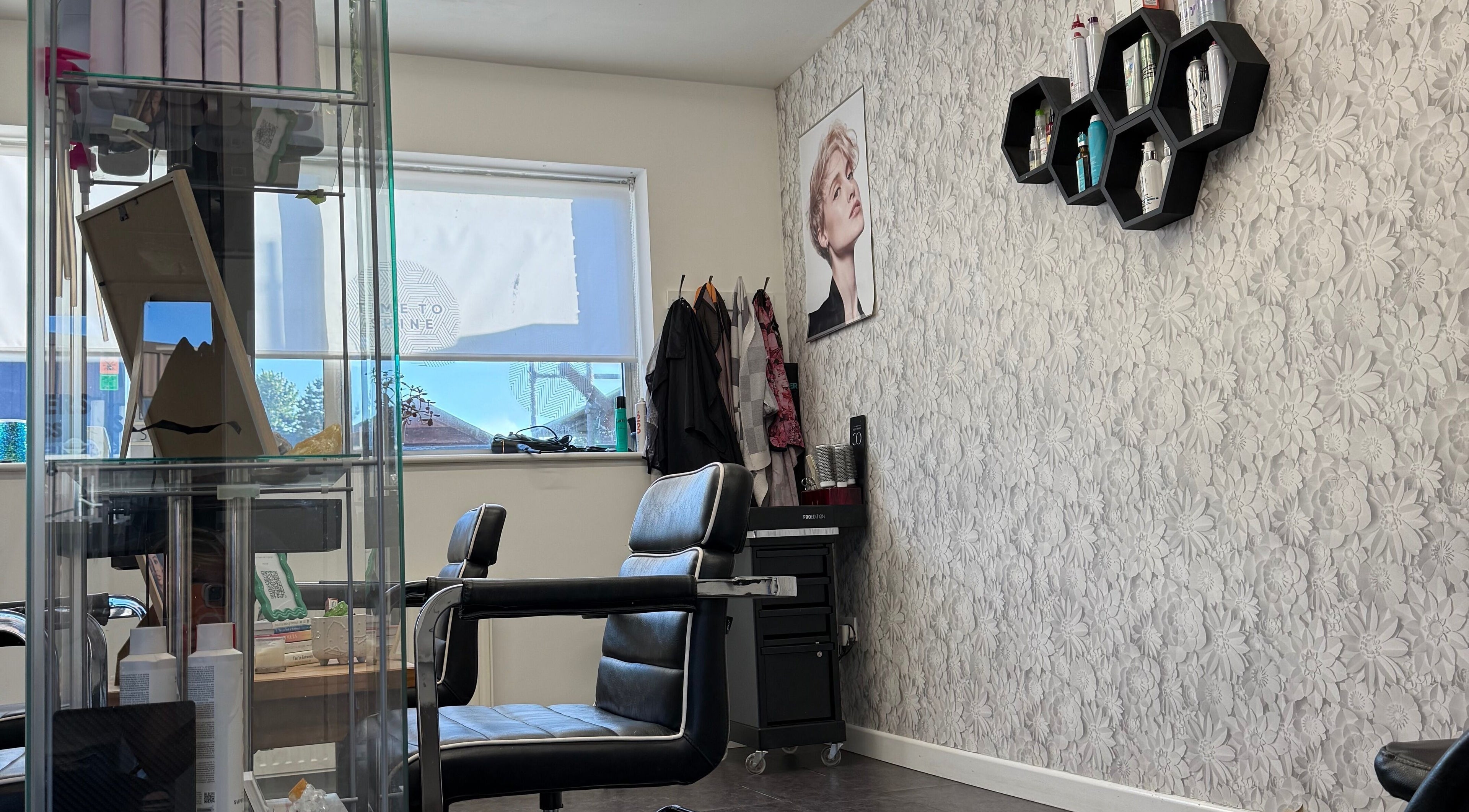 Modern styling chair and decor at Roxanne Hair at Seafield Salon, Inverness, Scotland, GB.