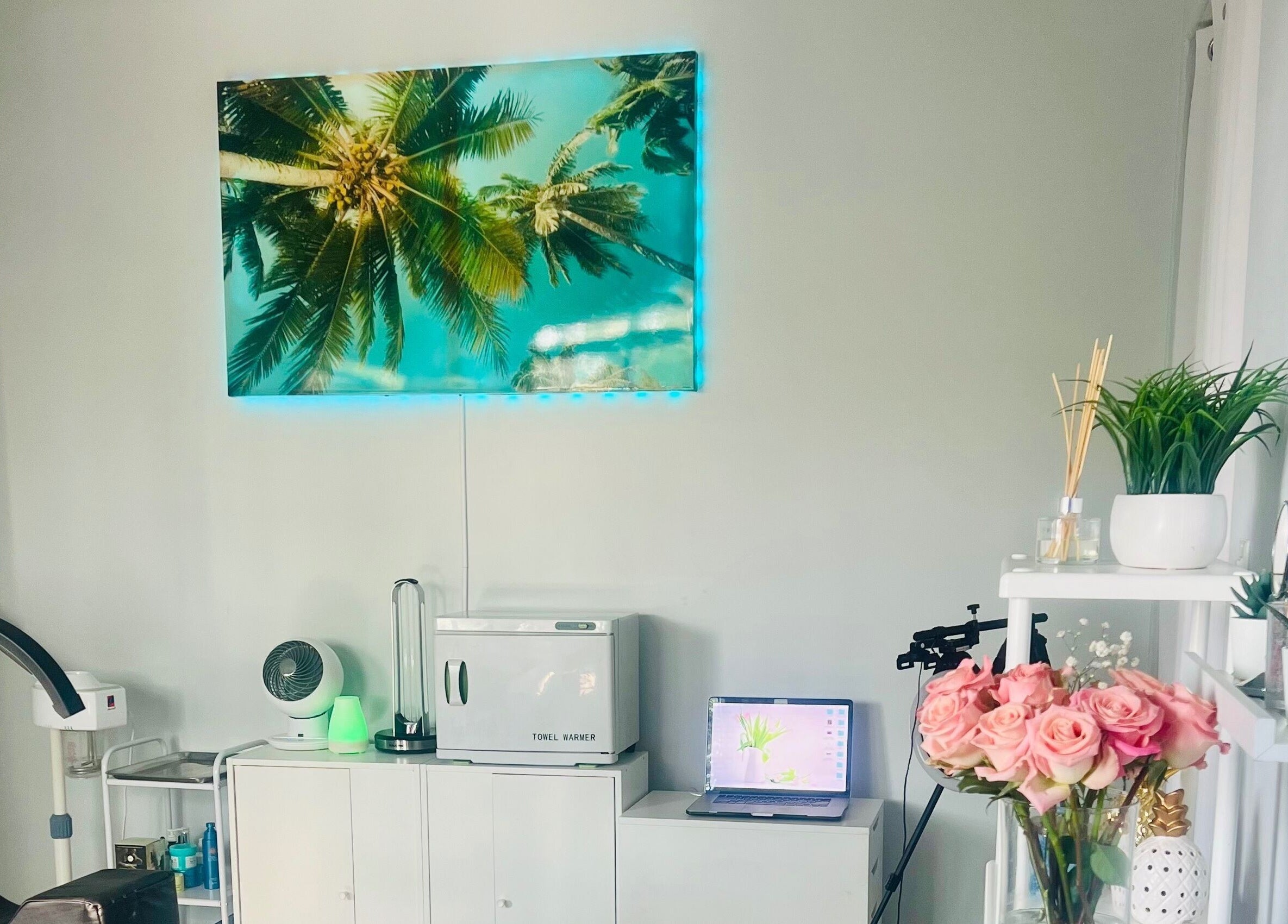 Inviting room at LadyFace, Rancho Cucamonga, California with tropical art and relaxing decor.