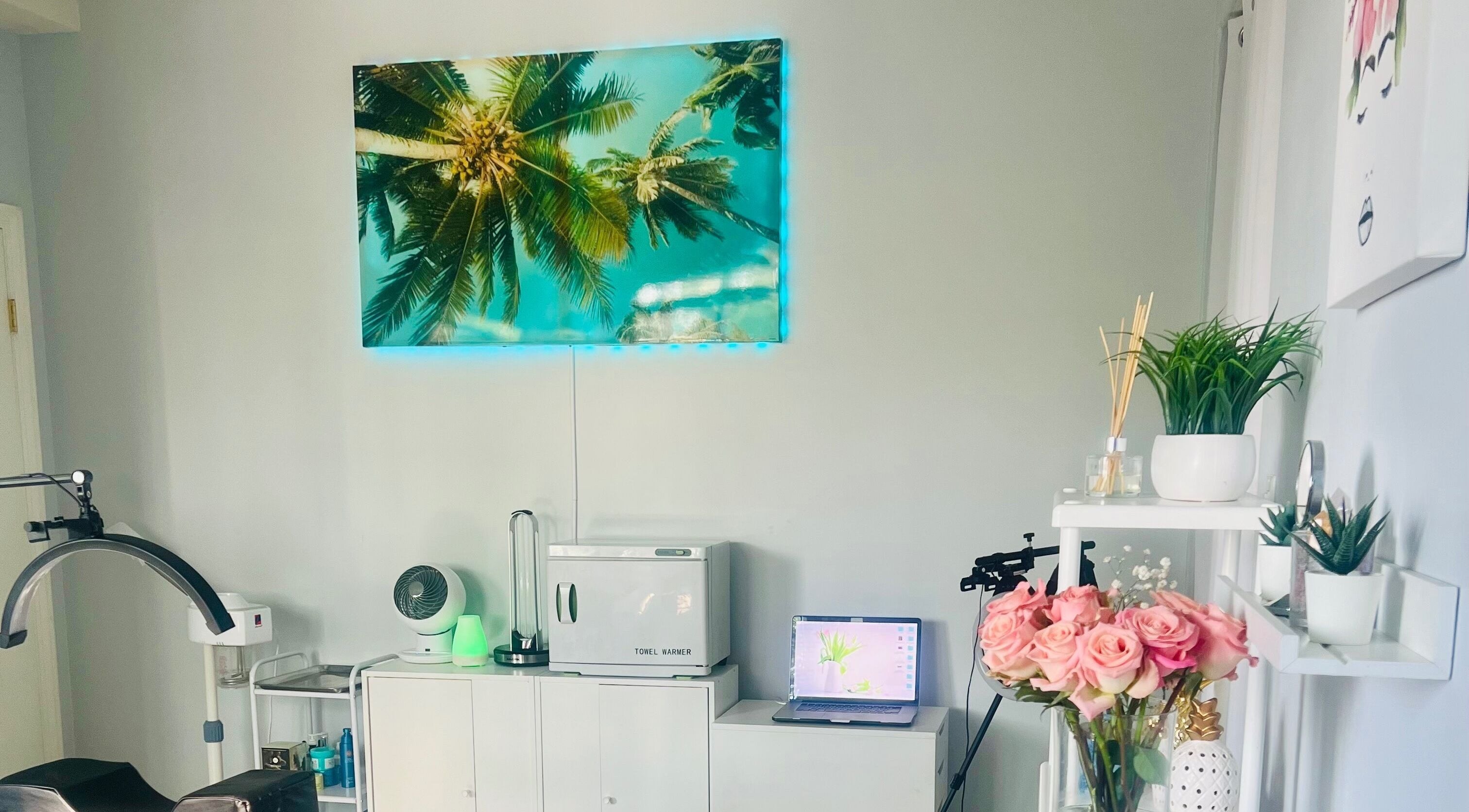 Inviting room at LadyFace, Rancho Cucamonga, California with tropical art and relaxing decor.
