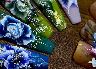 Intricate floral nail art display at Bespoke Nail & Lash By Tran, Fairfield Heights, New South Wales, AU.