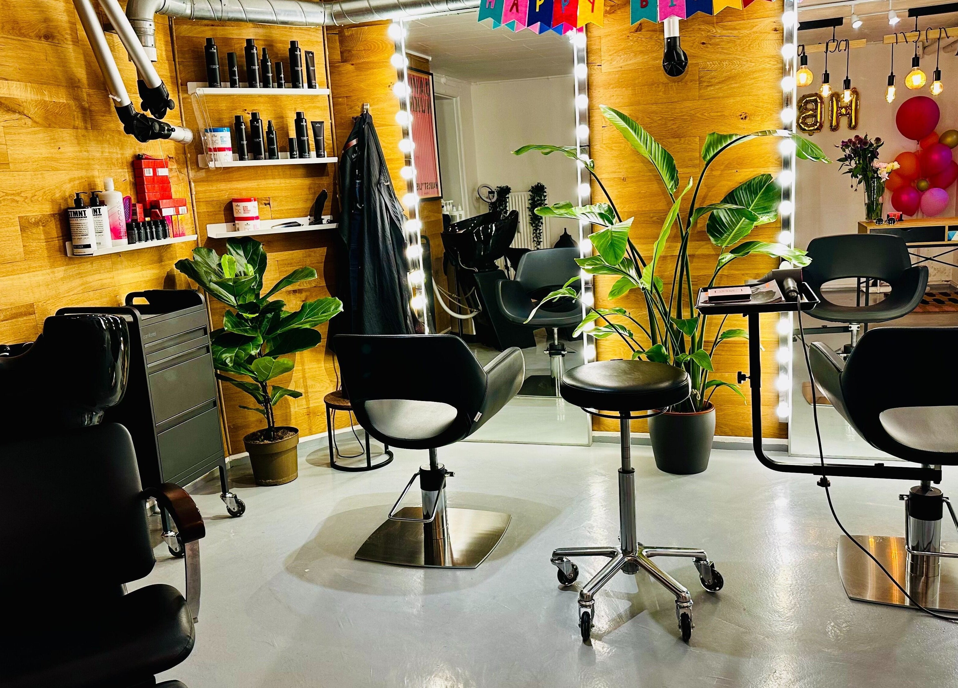 Modern hair salon interior at David Nukri, Frederiksberg, Denmark, DK with stylish chairs and plants.