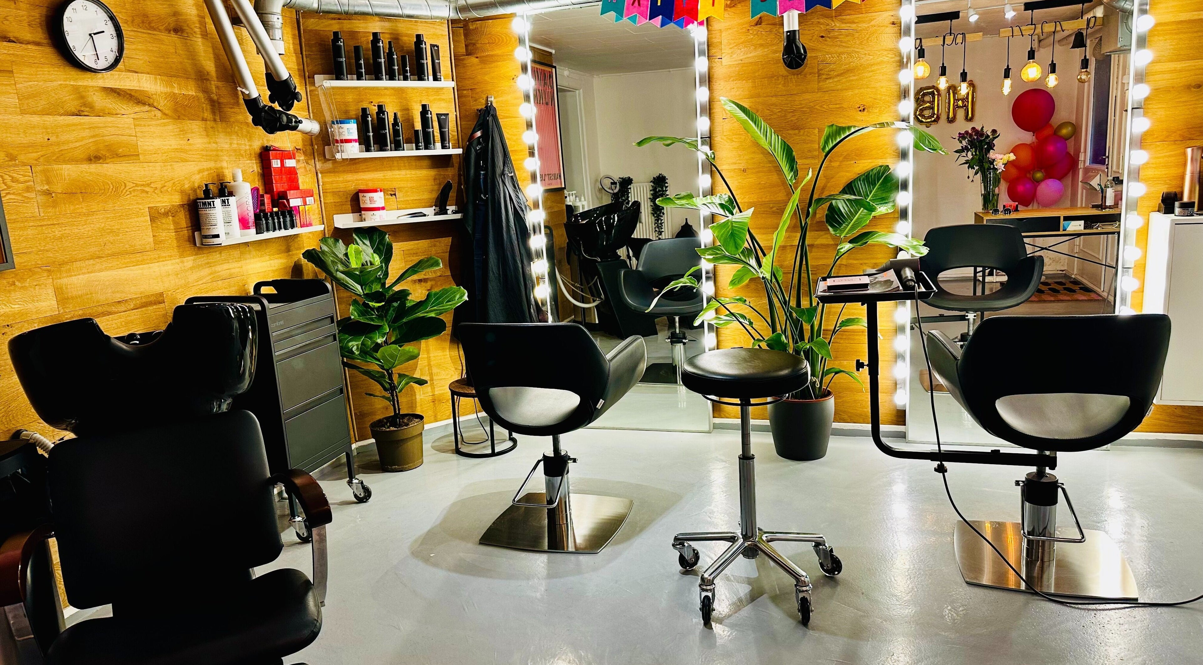 Modern hair salon interior at David Nukri, Frederiksberg, Denmark, DK with stylish chairs and plants.