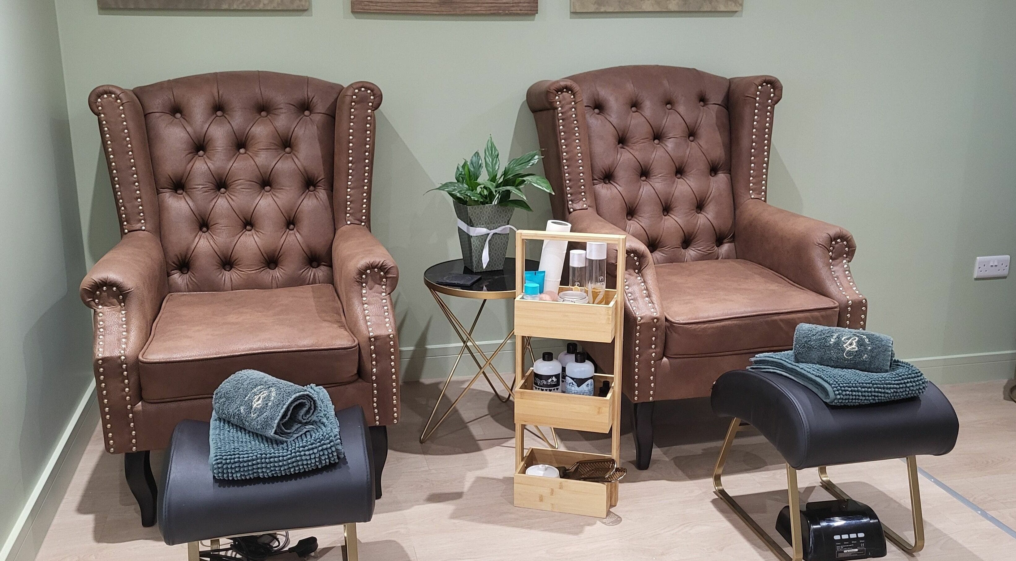 Elegant leather chairs in Beauty at Cocoa's, Stafford, England, GB for relaxing beauty treatments.