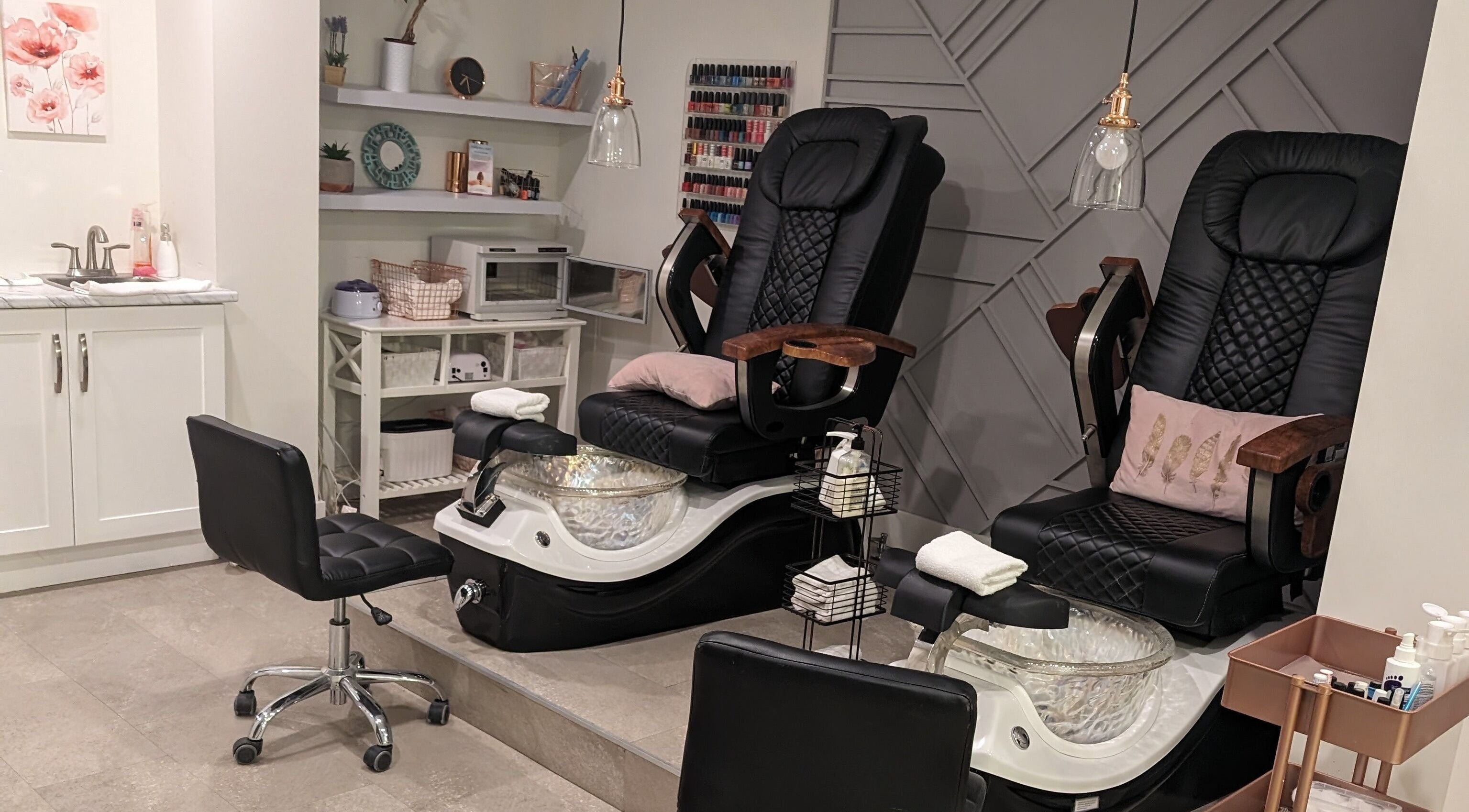 Luxurious pedicure chairs at Shear Amazement and Luminous Spa Inc., Kitchener, Ontario, CA.