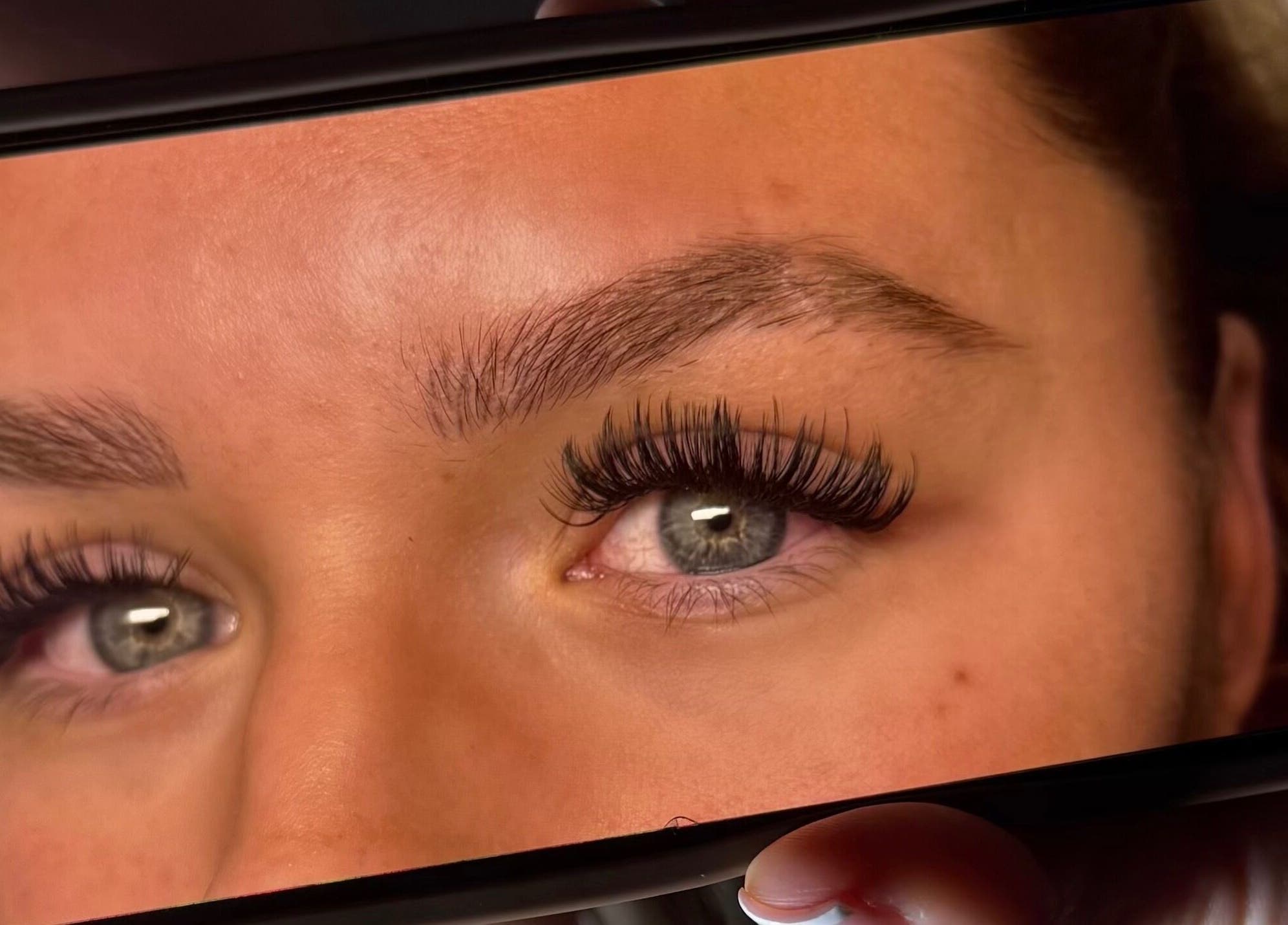 Close-up of styled eyelashes at EyeLuxeLounge, Tuffley, England, GB. Stunning lash transformation.