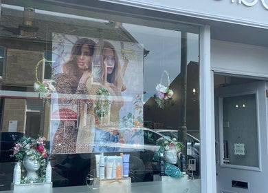 Front view of Hair By Shannyn at Salon Biba with colorful displays in Larbert, Scotland, GB.