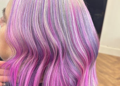 Purple and pink wavy hair styled by Hair By Shannyn at Salon Biba, Larbert, Scotland, GB.