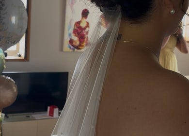 Bridal hair styled at Hair By Shannyn at Salon Biba in Larbert, Scotland, GB, featuring a delicate veil.
