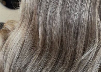 Elegant silver hair styling at Hair By Shannyn, Salon Biba, Larbert, Scotland, GB.