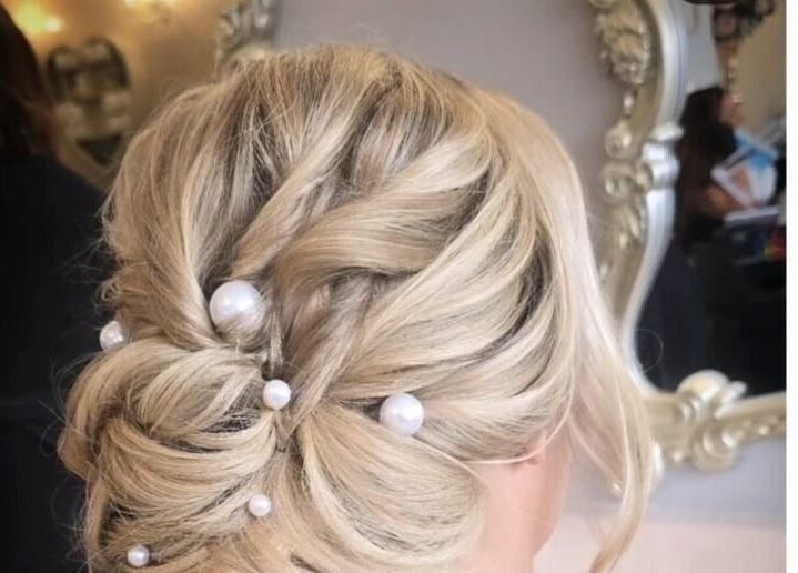 Elegant updo with pearls at Jenna Mcdonnell, Newport, Wales, GB.