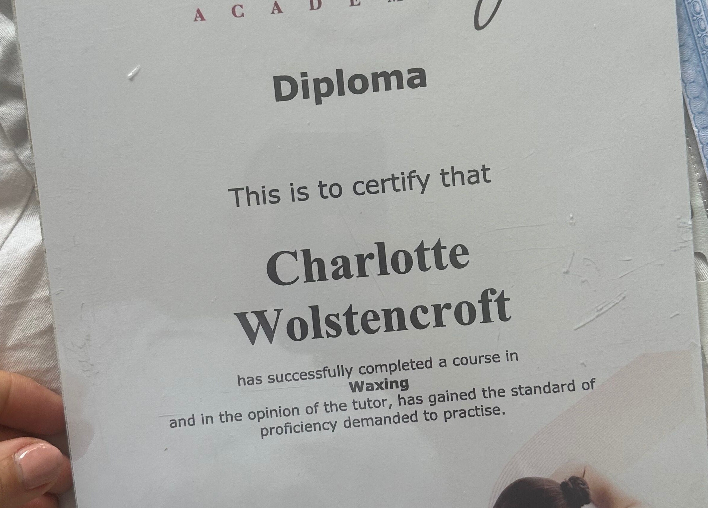 Waxing course diploma from A.R.C.H in Lancaster, England, GB, showcased by a graduate.