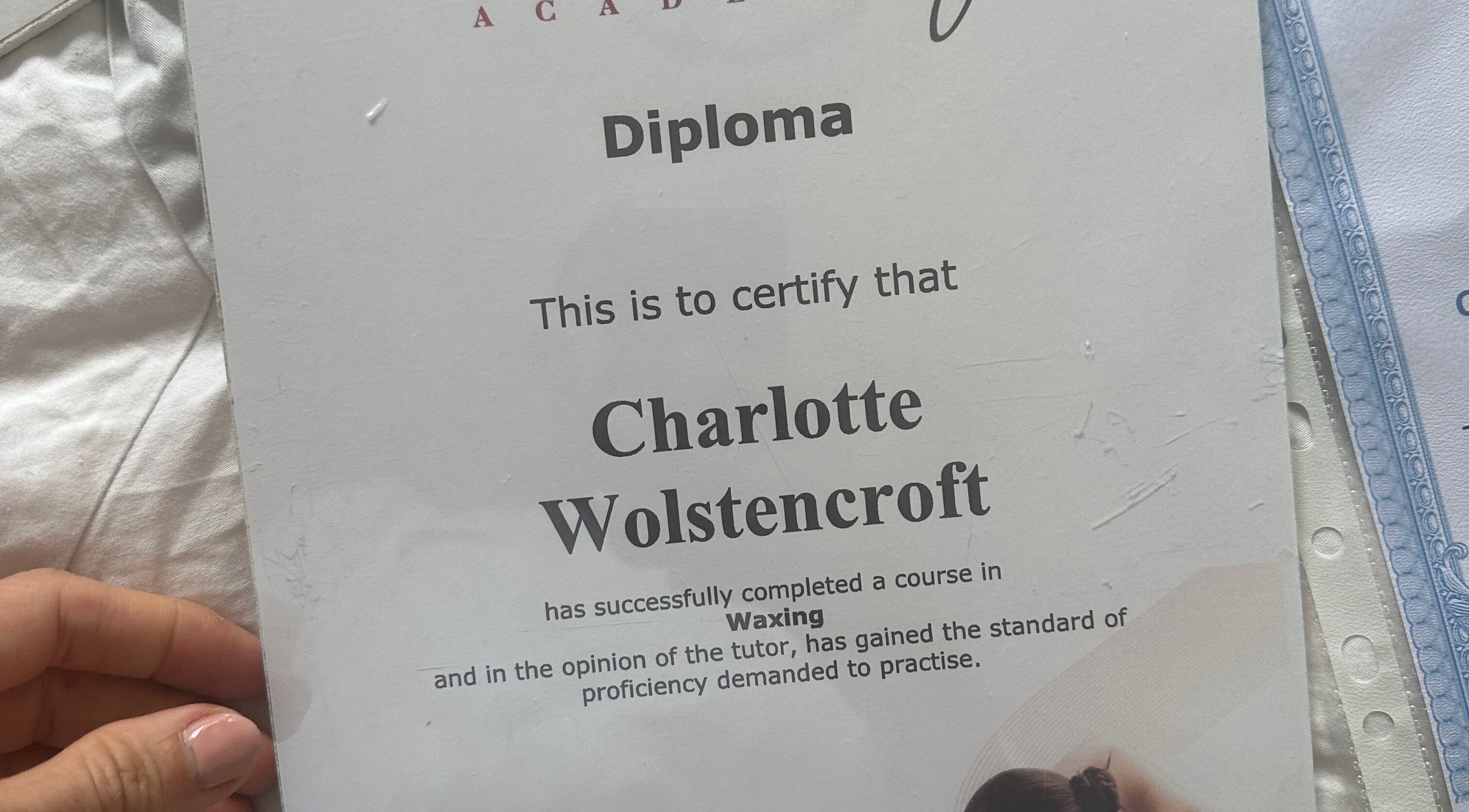 Waxing course diploma from A.R.C.H in Lancaster, England, GB, showcased by a graduate.