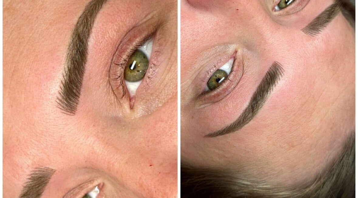 Close-up of expertly shaped eyebrows at A.R.C.H, Lancaster, England, GB.