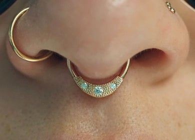 Close-up of elegant nose jewelry at Vaughn Body Arts, Monterey, California, US.