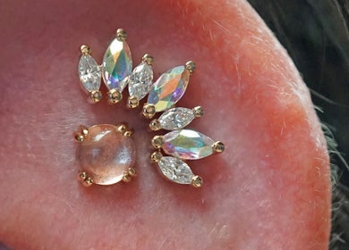 Intricate ear piercing jewelry at Vaughn Body Arts, Monterey, California, US.