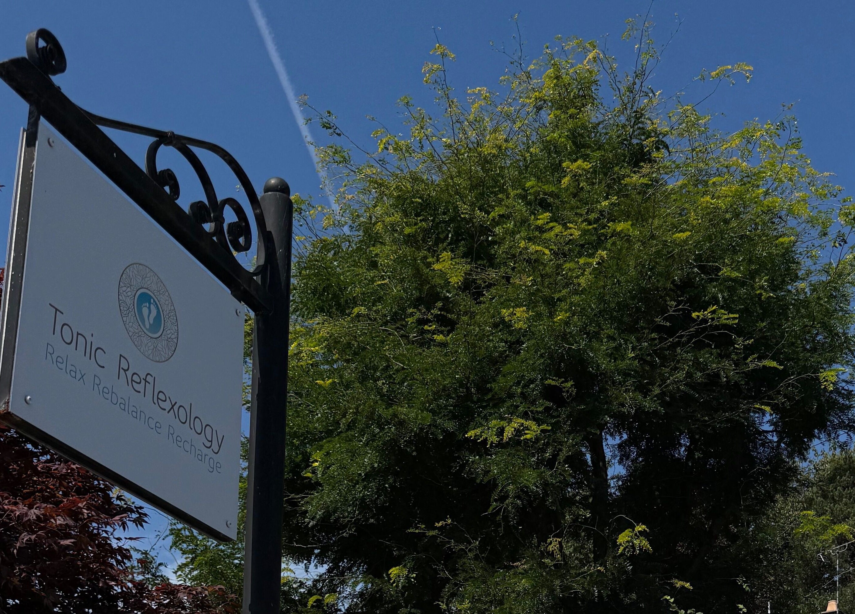 Tonic Reflexology sign amidst greenery and blue sky, Derby, England, GB.