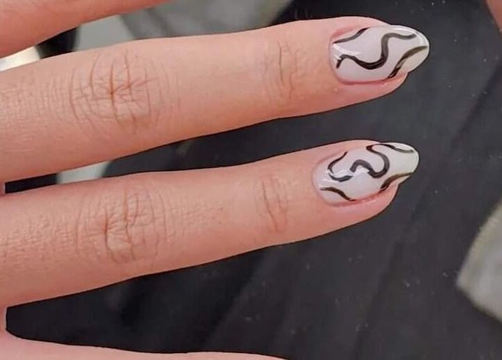 Black and white swirl nail design at Wonderbu Nails, Melbourne, Victoria, AU.