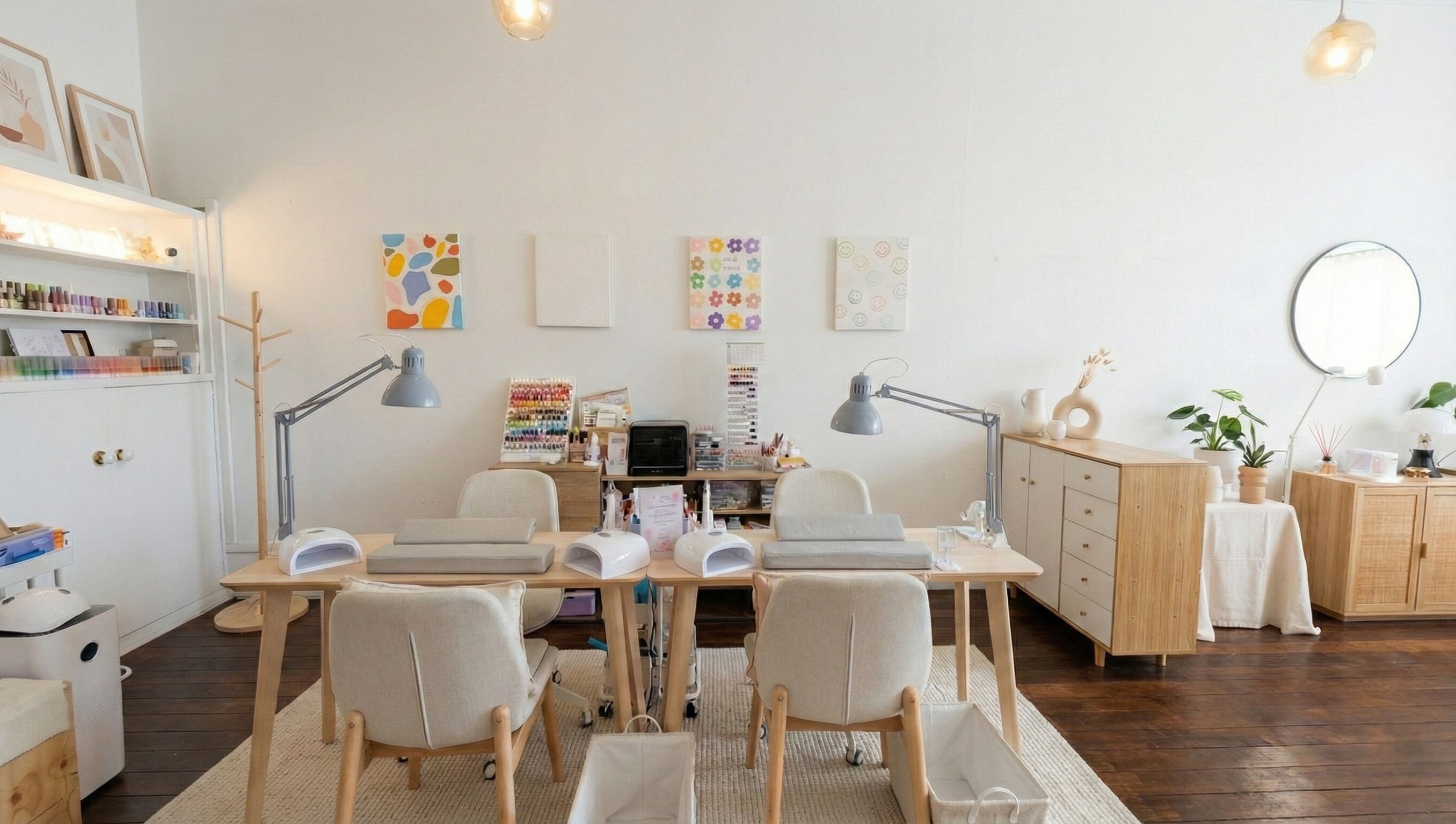 Modern nail salon interior at Wonderbu Nails, Melbourne, Victoria, AU with stylish decor and manicure stations.