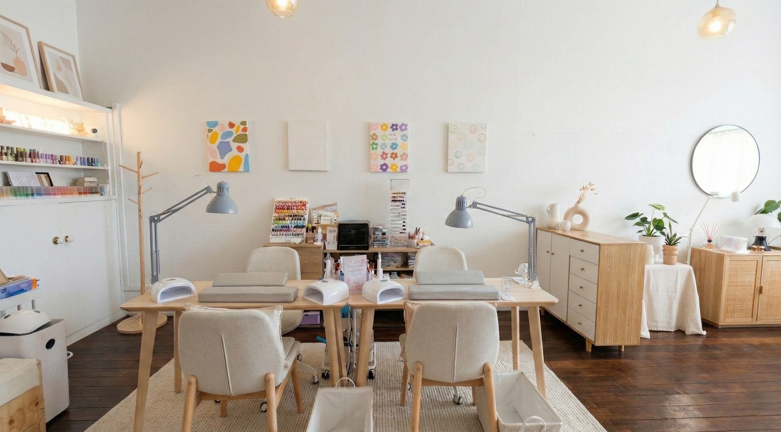 Modern nail salon interior at Wonderbu Nails, Melbourne, Victoria, AU with stylish decor and manicure stations.