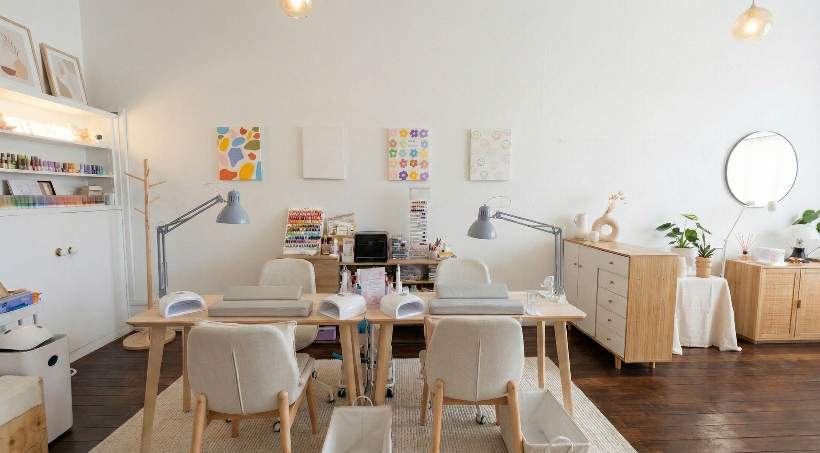 Modern nail salon interior at Wonderbu Nails, Melbourne, Victoria, AU with stylish decor and manicure stations.