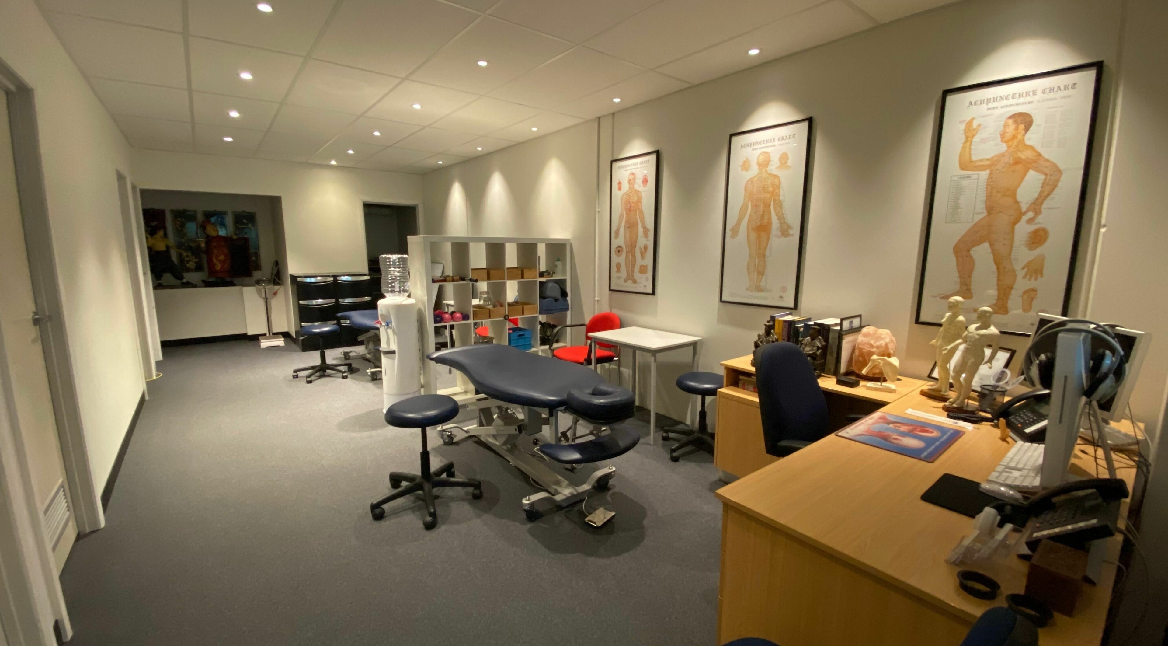 Modern treatment room in Healthy Life Clinic, Melbourne, Victoria, AU with massage table and anatomical charts.