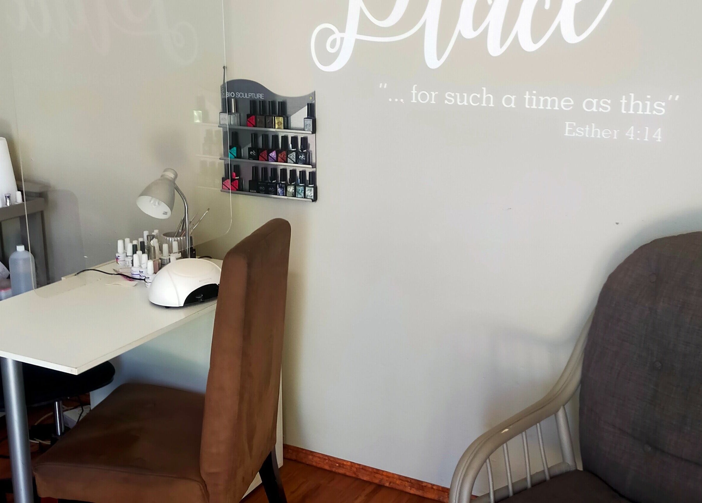 Tranquil nail station at Time and Place Beauty, Roodepoort, Gauteng, ZA. Modern design with polish display.