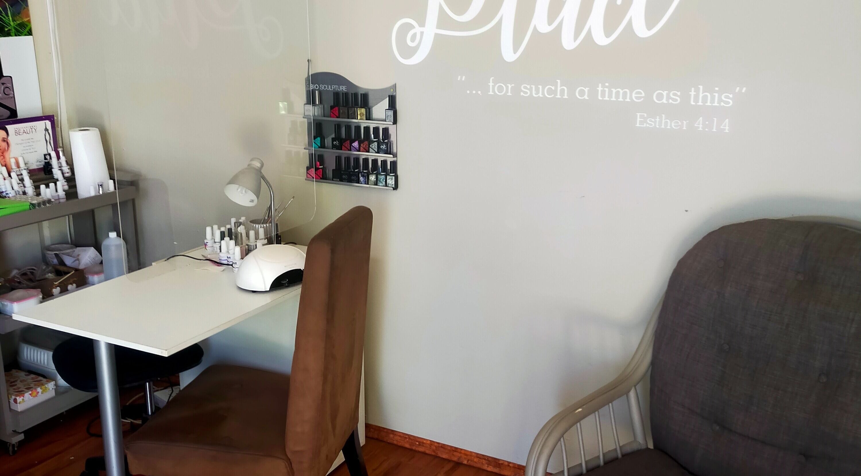 Tranquil nail station at Time and Place Beauty, Roodepoort, Gauteng, ZA. Modern design with polish display.