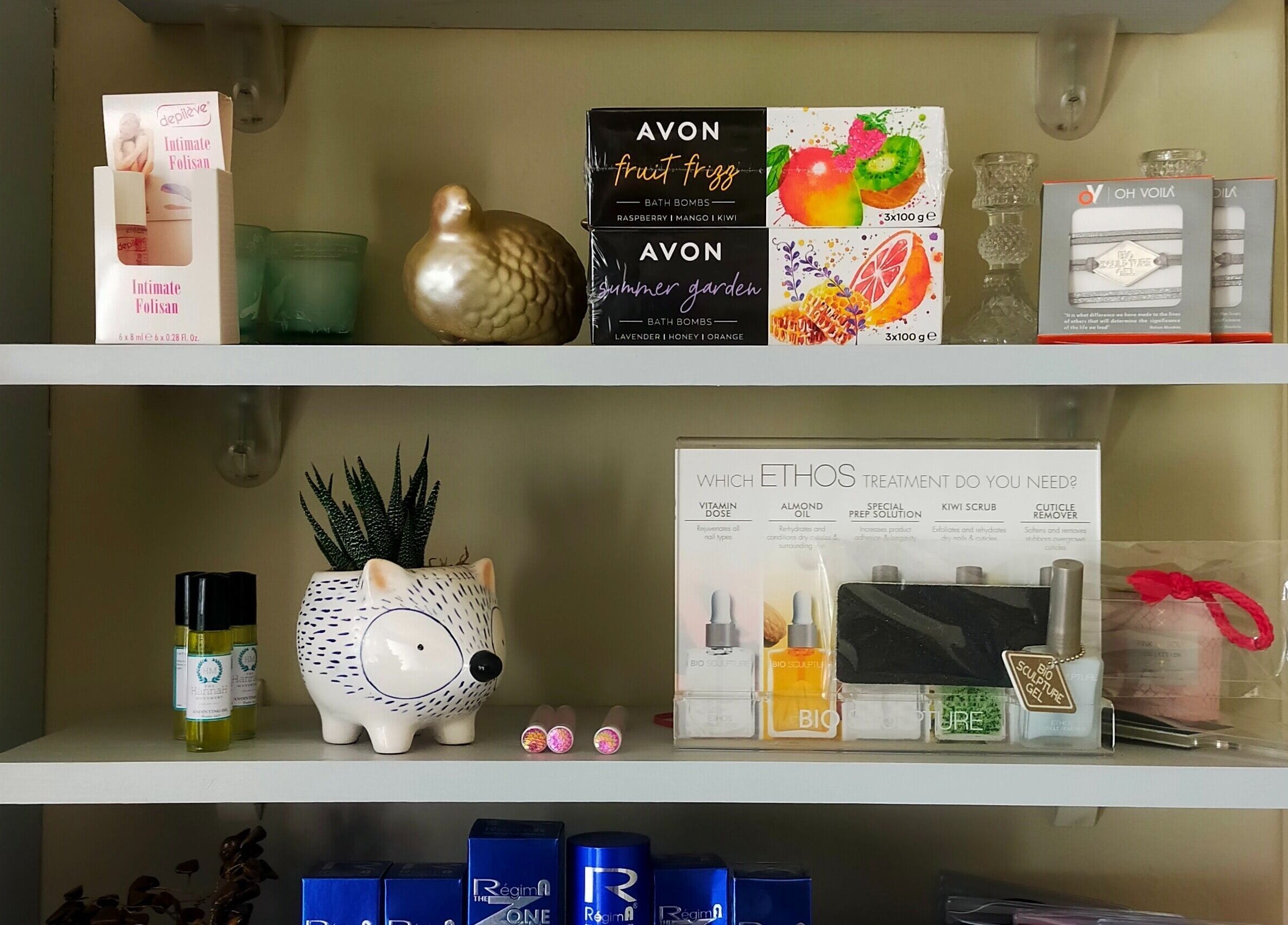 Assorted beauty products on shelves at Time and Place Beauty, Roodepoort, Gauteng, ZA, showcasing elegance.