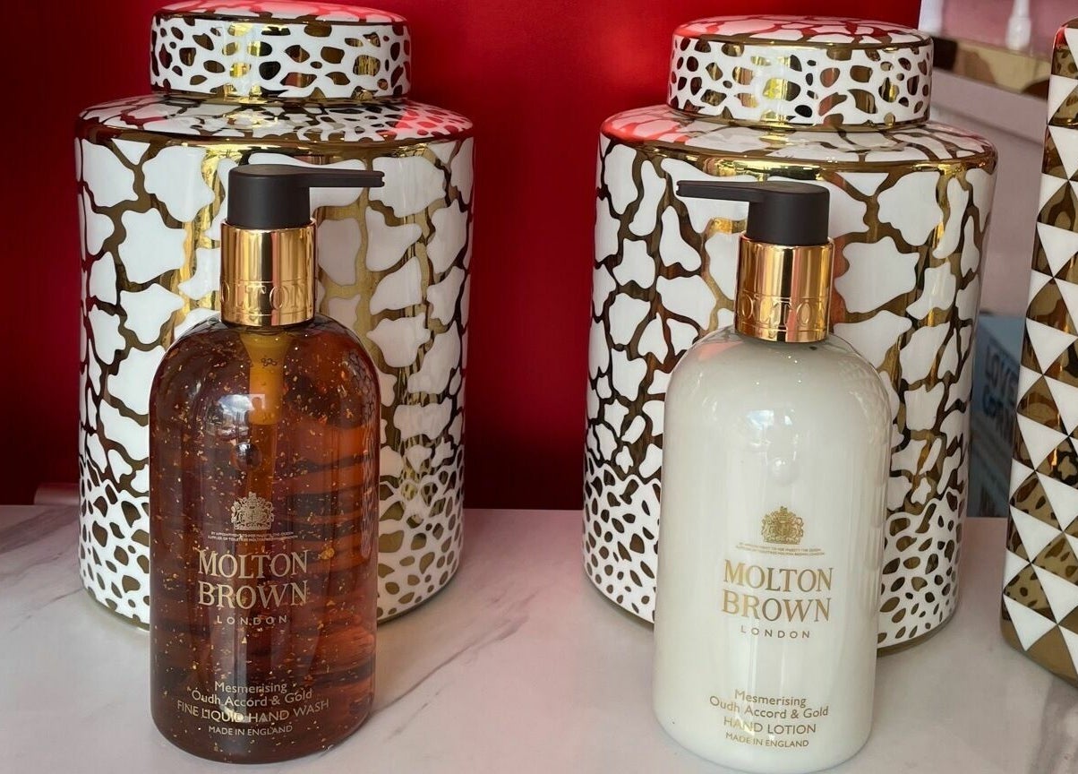 Molton Brown bottles on elegant decor at Lynette's in Accra, Greater Accra Region, GH.