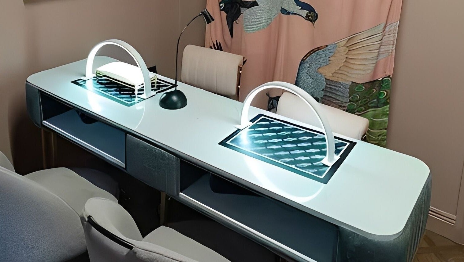 Elegant manicure station at Vamp Beauty Bar in Westport, County Mayo, IE, showcasing modern nail care setup.