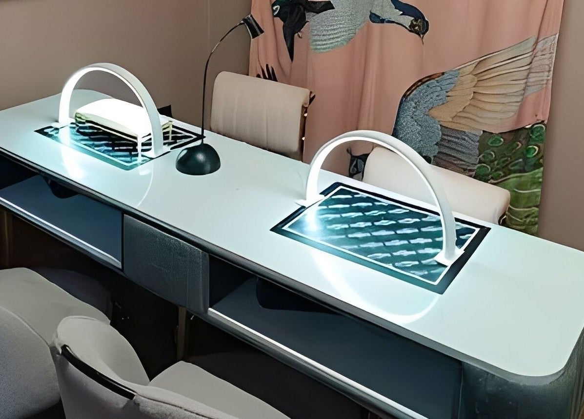 Elegant manicure station at Vamp Beauty Bar in Westport, County Mayo, IE, showcasing modern nail care setup.