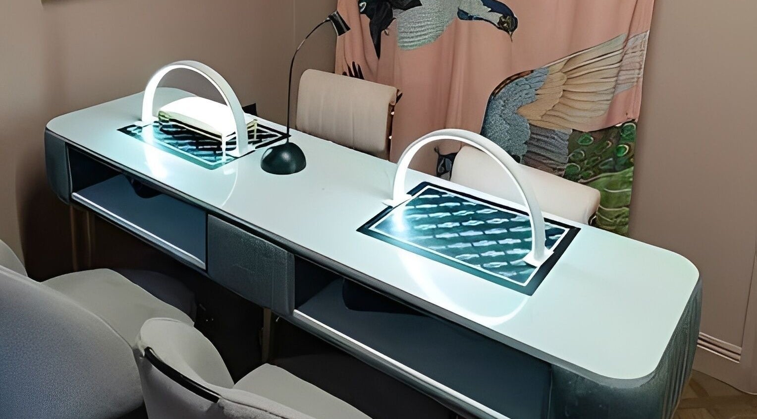Elegant manicure station at Vamp Beauty Bar in Westport, County Mayo, IE, showcasing modern nail care setup.